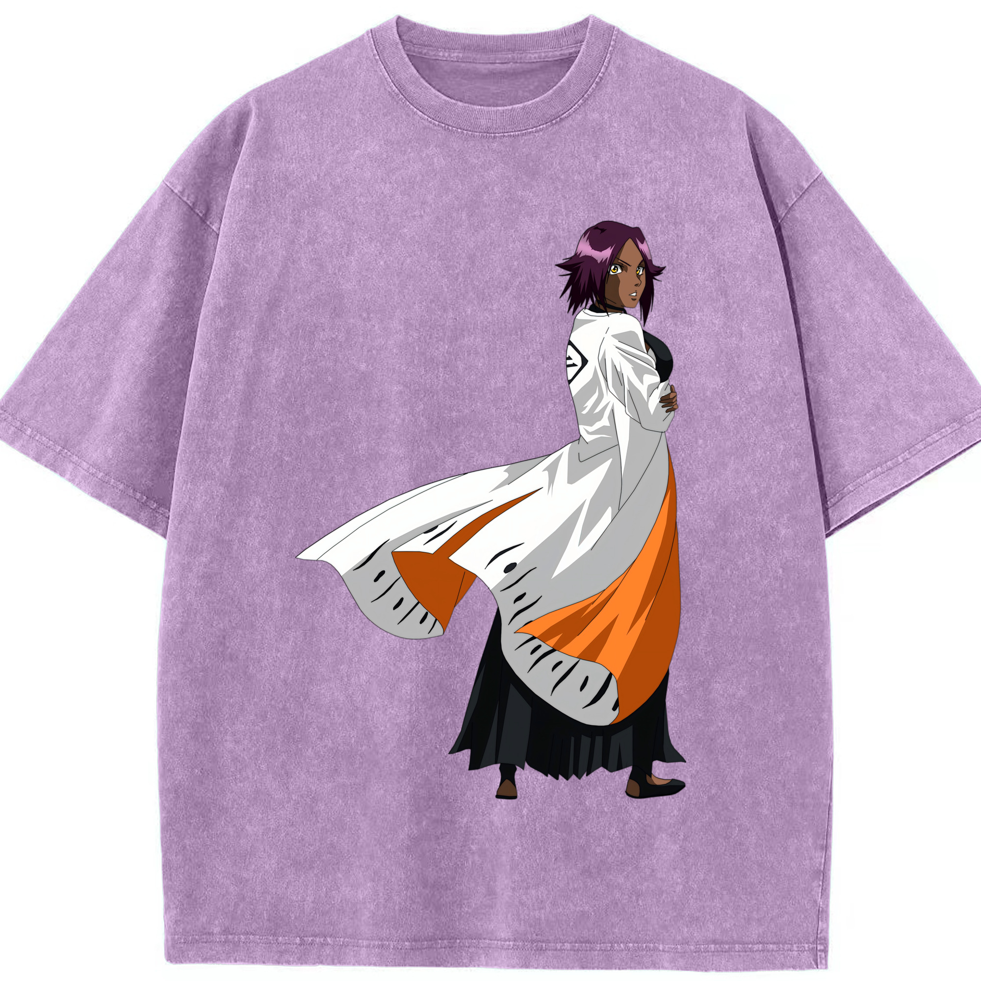 （画像用） ブリーチ 四楓院 夜一（しほういん よるいち） BLEACH Shihouin Yoruichi 綿100% ヴィンテージ風 半袖Tシャツ（フロントプリント）