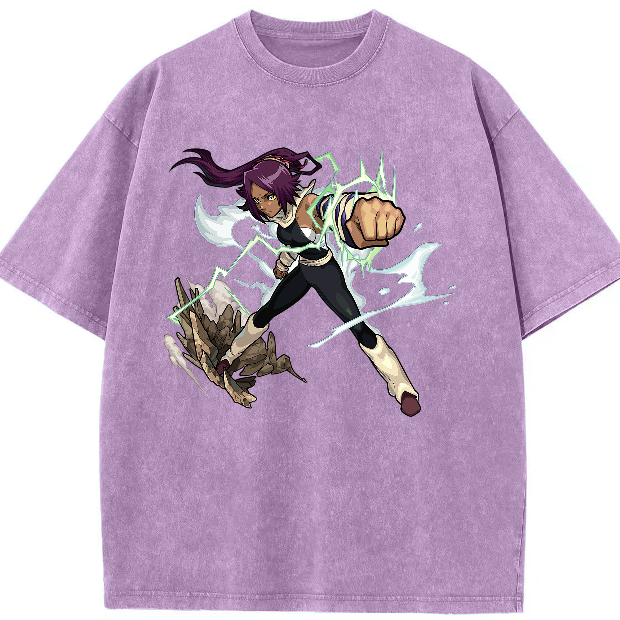 （画像用） ブリーチ 四楓院 夜一（しほういん よるいち） BLEACH Shihouin Yoruichi 綿100% ヴィンテージ風 半袖Tシャツ（フロントプリント）