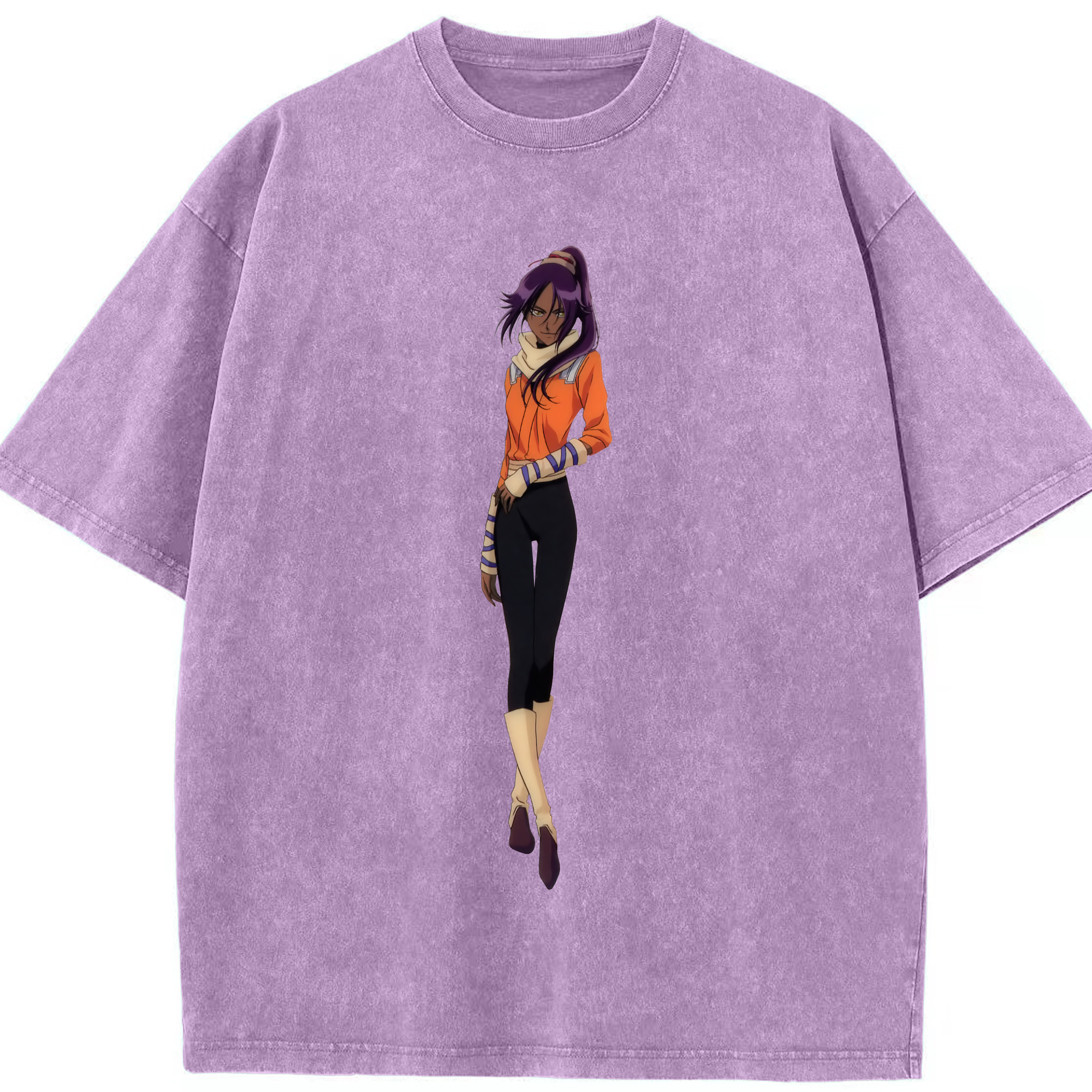 （画像用） ブリーチ 四楓院 夜一（しほういん よるいち） BLEACH Shihouin Yoruichi 綿100% ヴィンテージ風 半袖Tシャツ（フロントプリント）