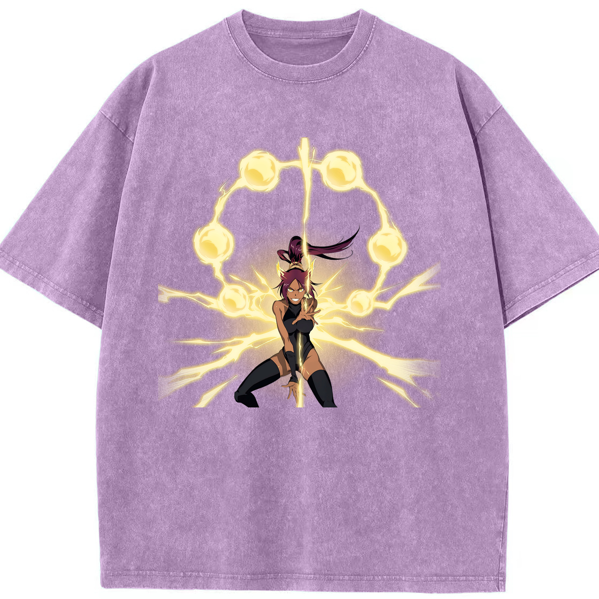 （画像用） ブリーチ 四楓院 夜一（しほういん よるいち） BLEACH Shihouin Yoruichi 綿100% ヴィンテージ風 半袖Tシャツ（フロントプリント）