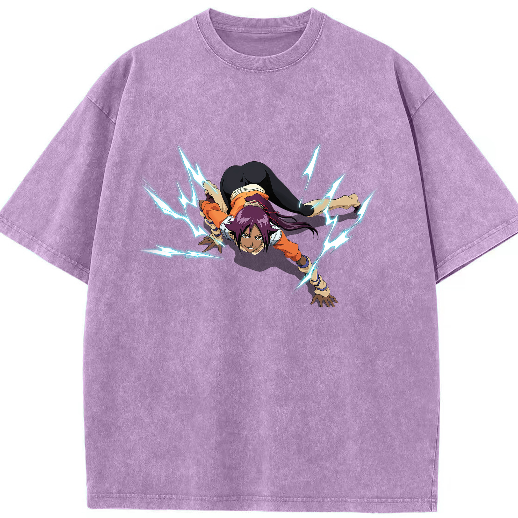 （画像用） ブリーチ 四楓院 夜一（しほういん よるいち） BLEACH Shihouin Yoruichi 綿100% ヴィンテージ風 半袖Tシャツ（フロントプリント）
