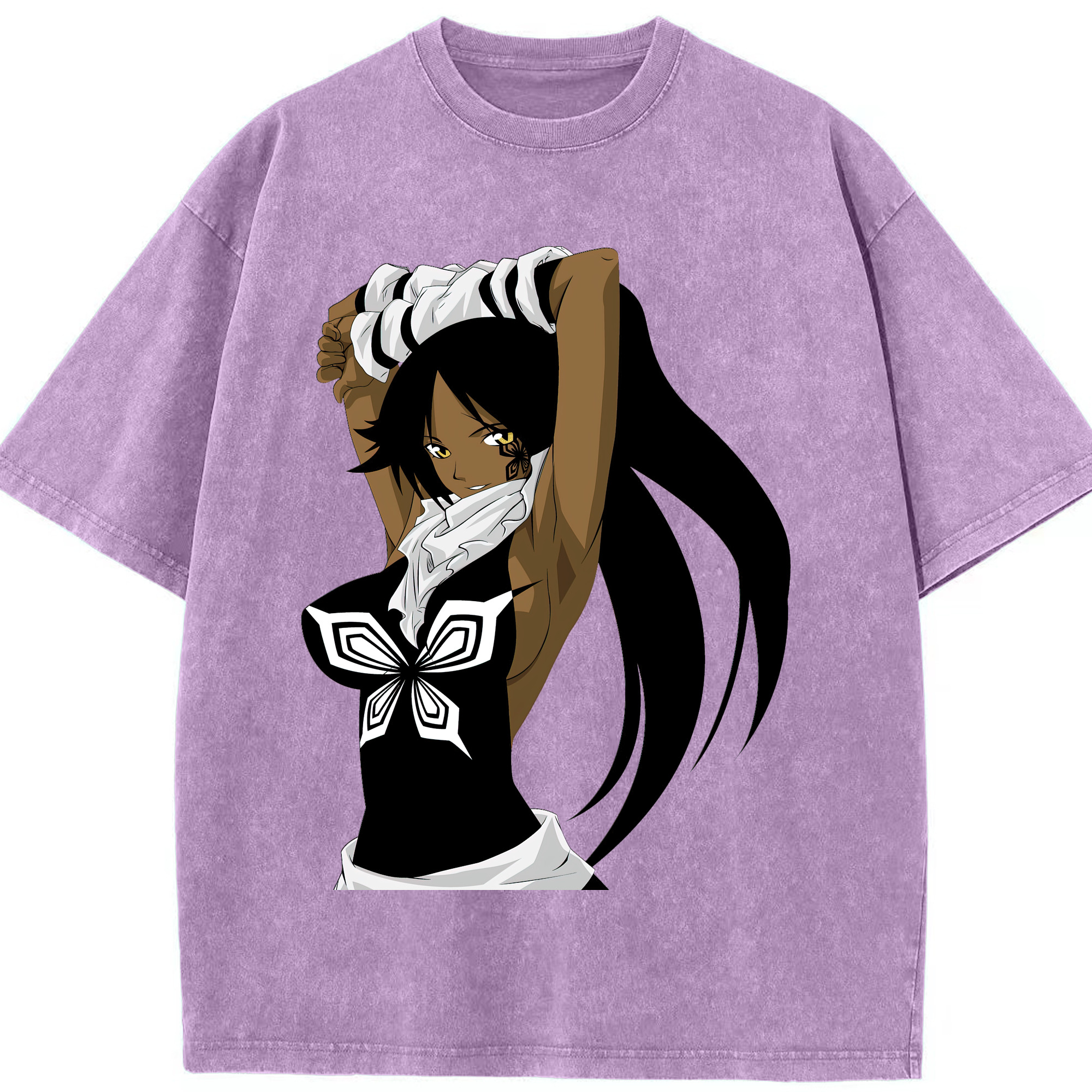 （画像用） ブリーチ 四楓院 夜一（しほういん よるいち） BLEACH Shihouin Yoruichi 綿100% ヴィンテージ風 半袖Tシャツ（フロントプリント）