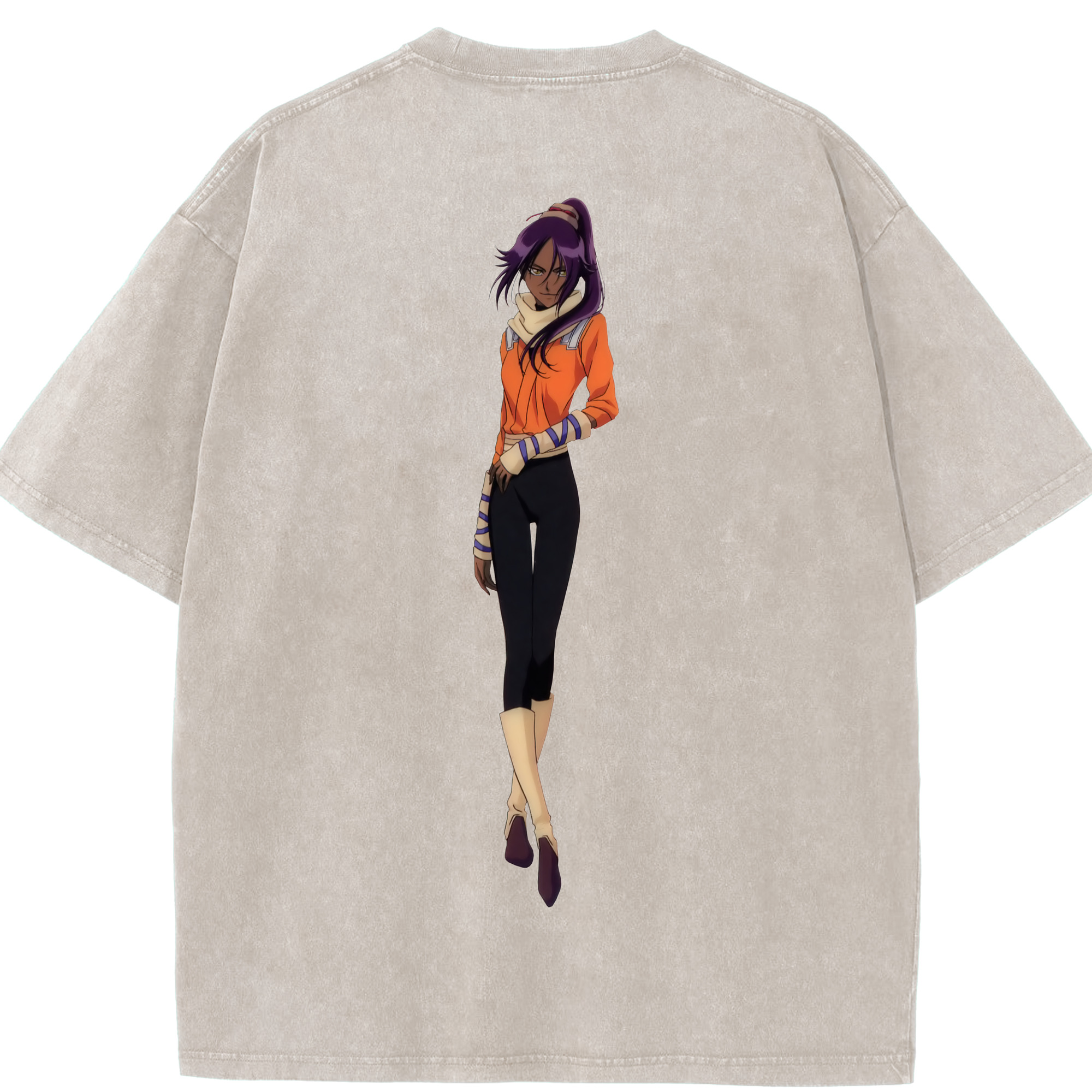 （画像用） ブリーチ 四楓院 夜一（しほういん よるいち） BLEACH Shihouin Yoruichi 綿100% ヴィンテージ風 半袖Tシャツ（背面プリント）