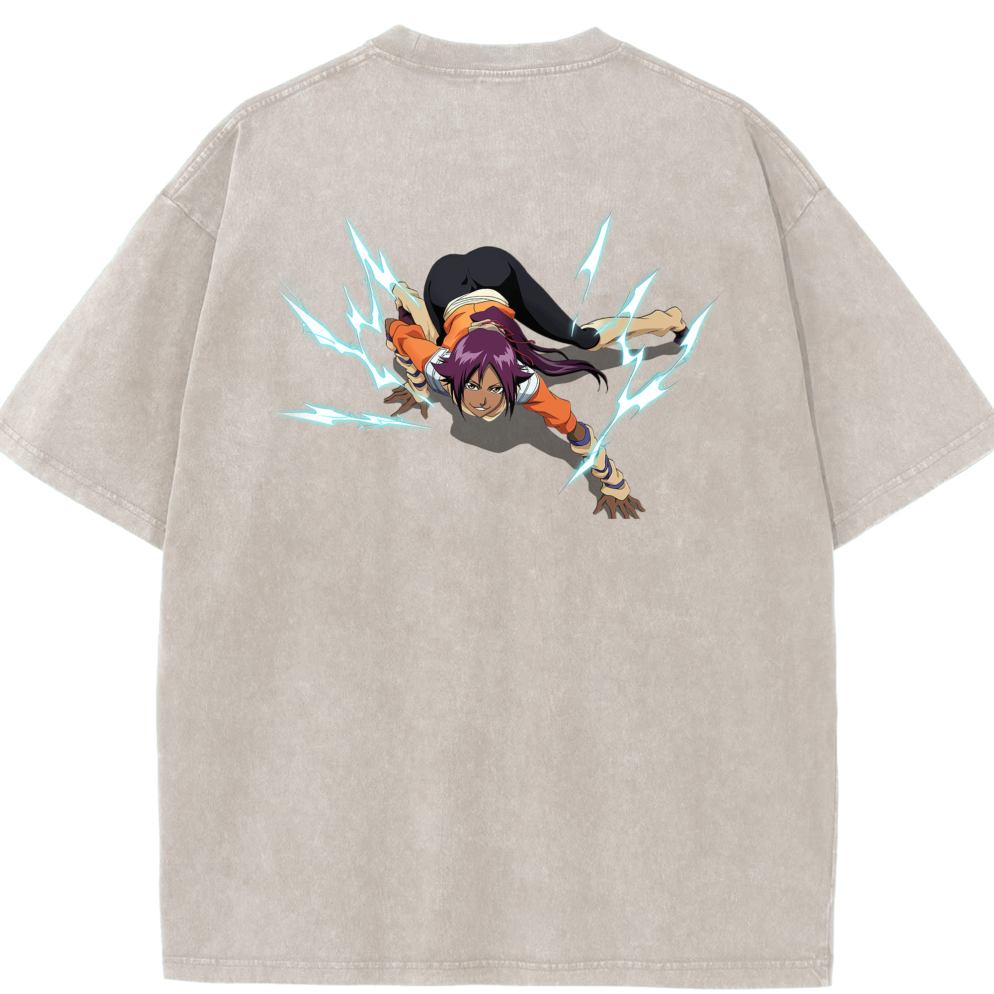 （画像用） ブリーチ 四楓院 夜一（しほういん よるいち） BLEACH Shihouin Yoruichi 綿100% ヴィンテージ風 半袖Tシャツ（背面プリント）