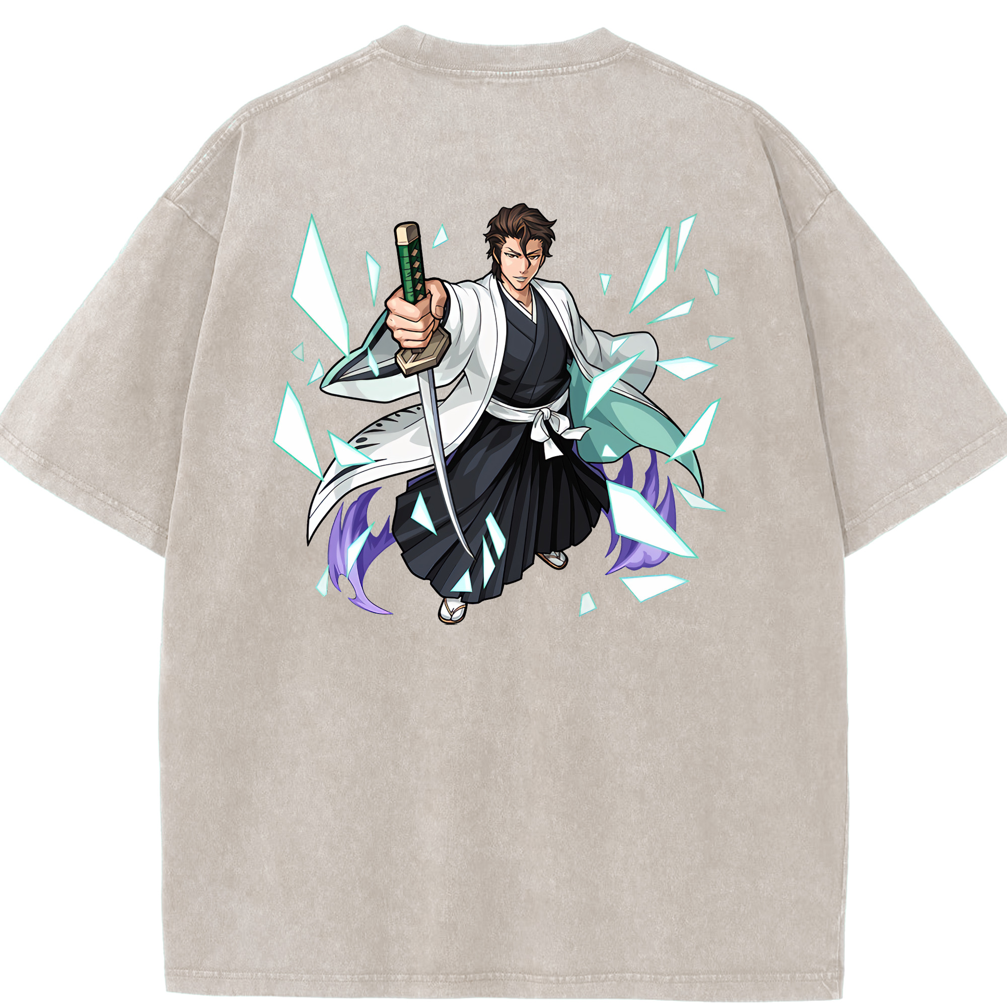 （画像用） ブリーチ 藍染 惣右介（あいぜん そうすけ） BLEACH Aizen Sousuke 綿100% ヴィンテージ風 半袖Tシャツ（背面プリント）