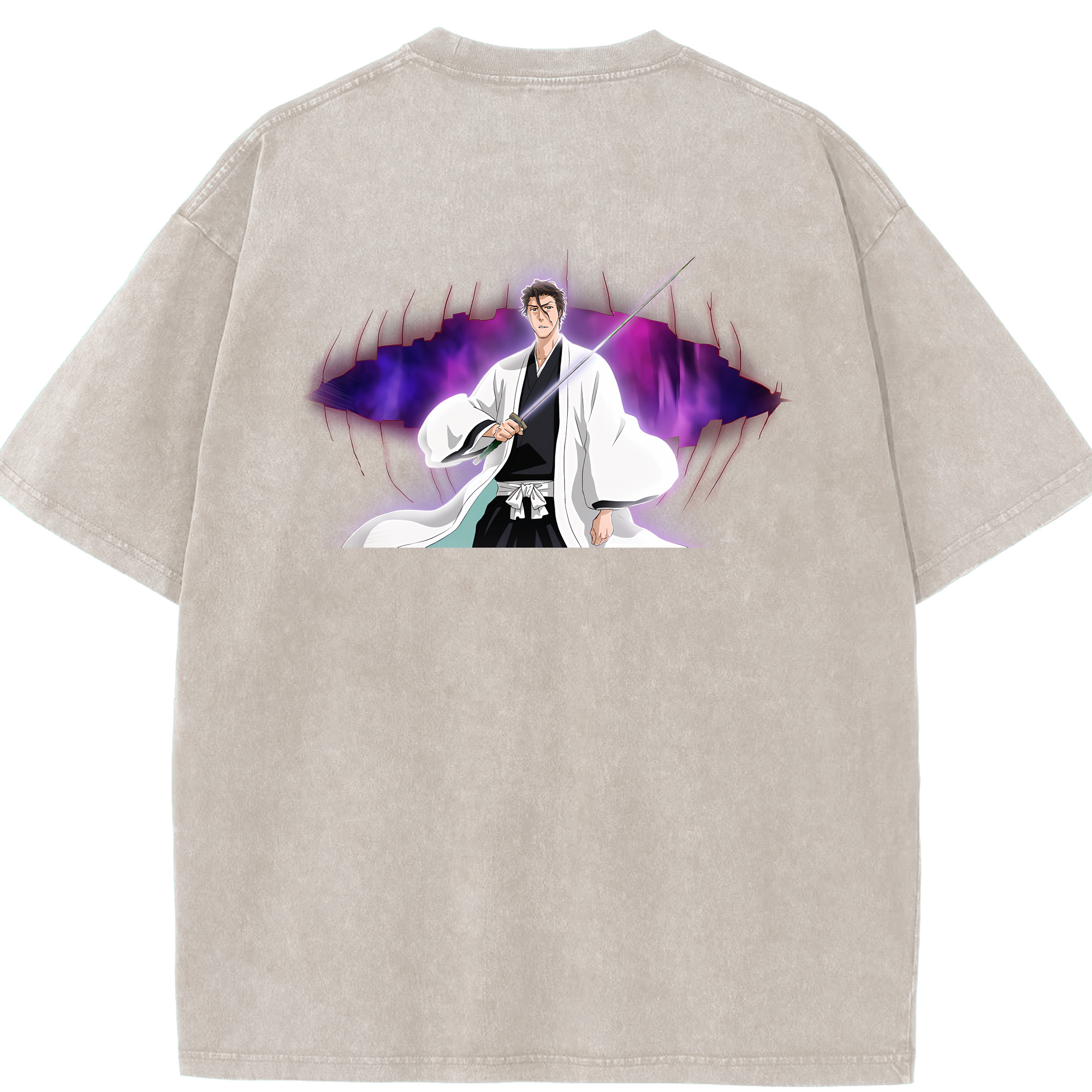 （画像用） ブリーチ 藍染 惣右介（あいぜん そうすけ） BLEACH Aizen Sousuke 綿100% ヴィンテージ風 半袖Tシャツ（背面プリント）