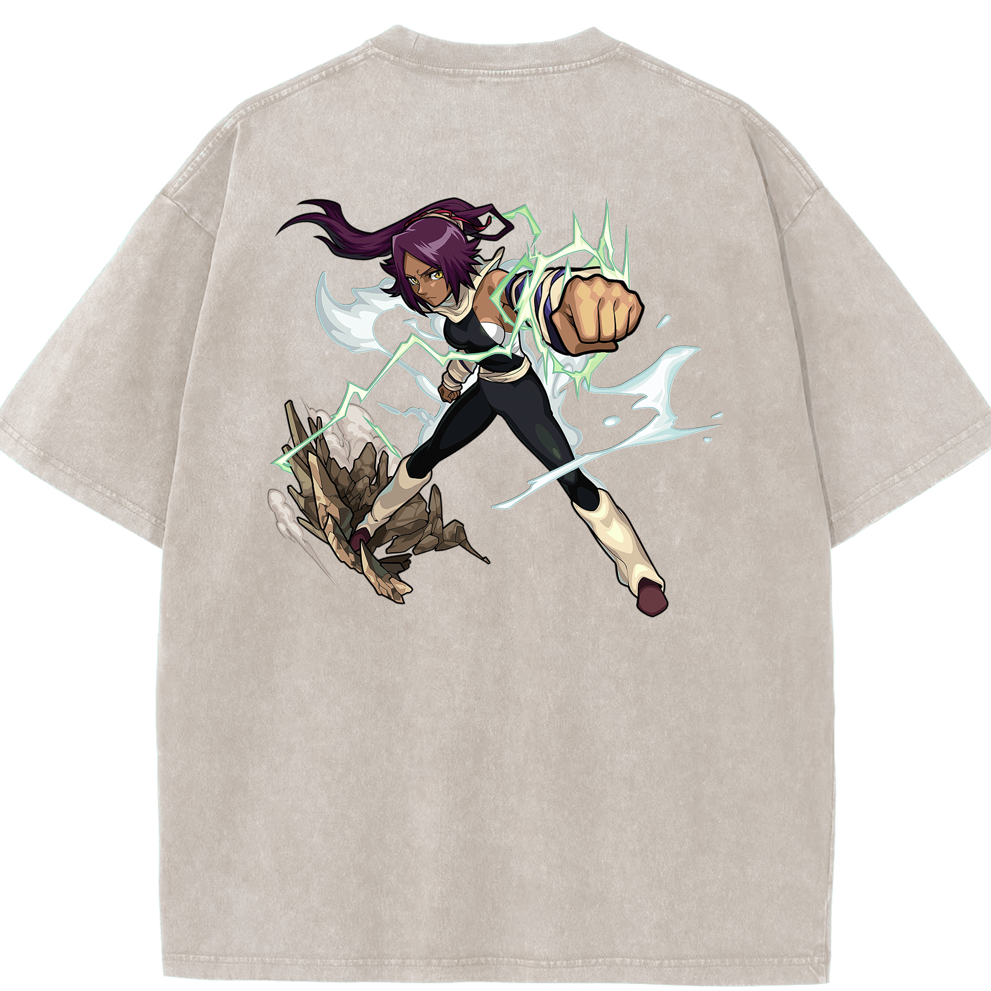 （画像用） ブリーチ 四楓院 夜一（しほういん よるいち） BLEACH Shihouin Yoruichi 綿100% ヴィンテージ風 半袖Tシャツ（背面プリント）