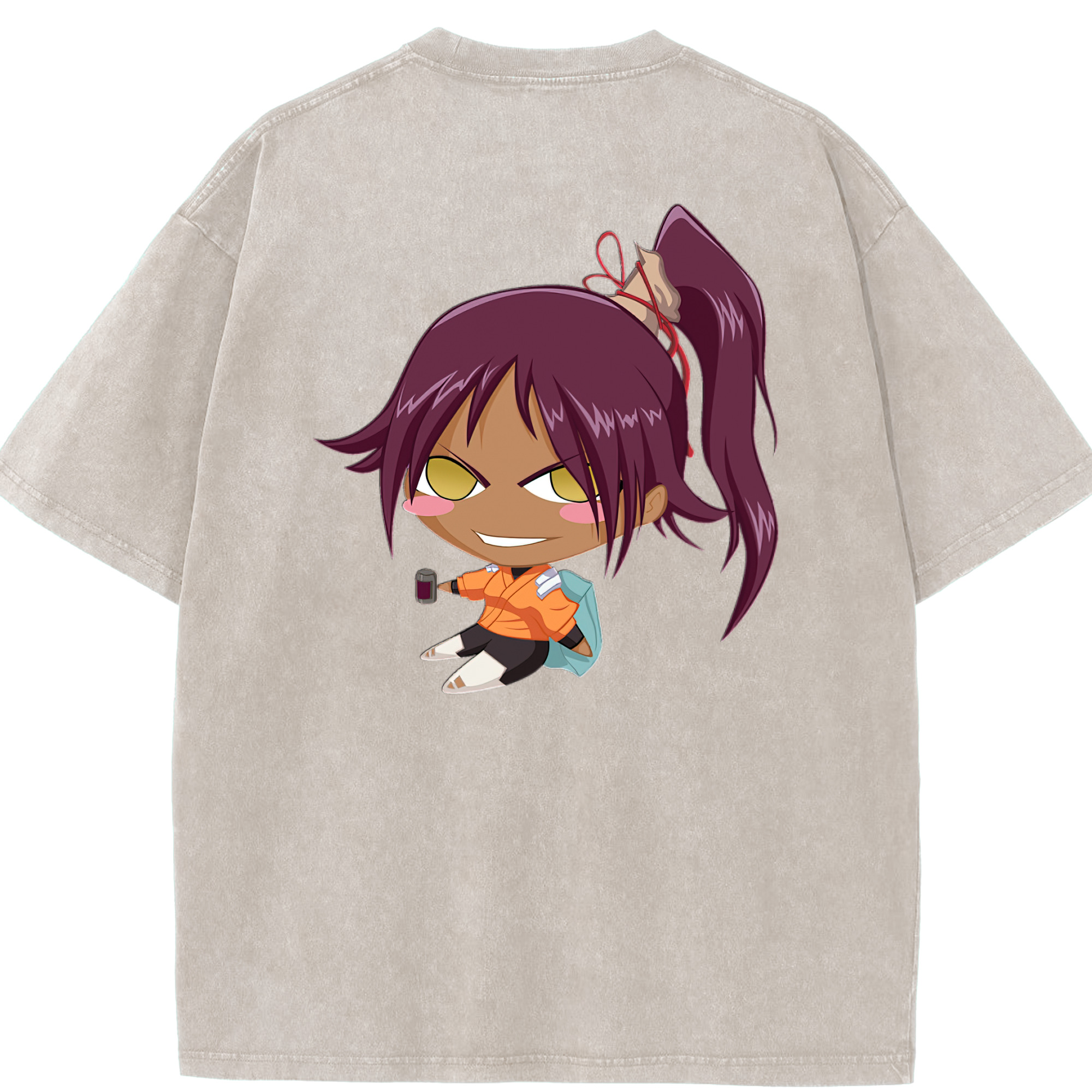 （画像用） ブリーチ 四楓院 夜一（しほういん よるいち） BLEACH Shihouin Yoruichi 綿100% ヴィンテージ風 半袖Tシャツ（背面プリント）