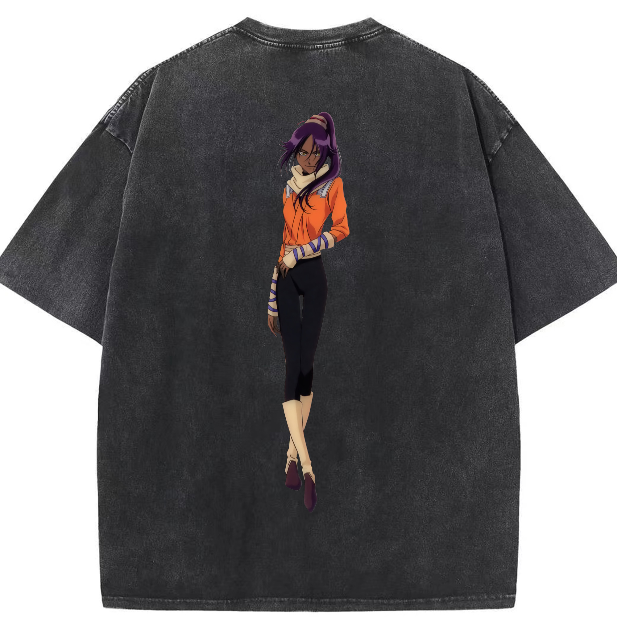 （画像用） ブリーチ 四楓院 夜一（しほういん よるいち） BLEACH Shihouin Yoruichi 綿100% ヴィンテージ風 半袖Tシャツ（背面プリント）