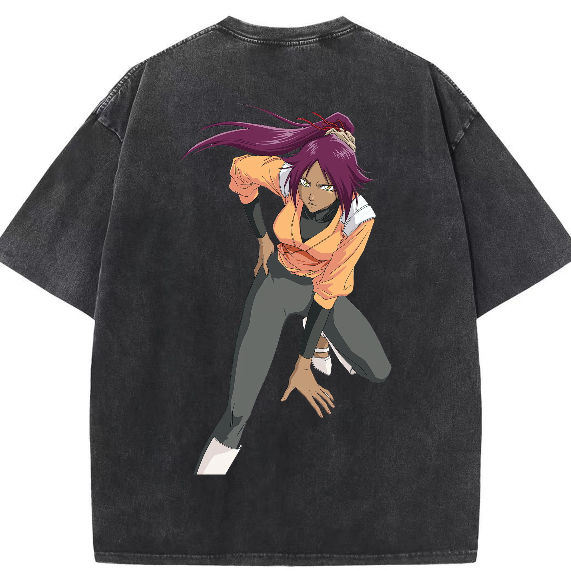 （画像用） ブリーチ 四楓院 夜一（しほういん よるいち） BLEACH Shihouin Yoruichi 綿100% ヴィンテージ風 半袖Tシャツ（背面プリント）