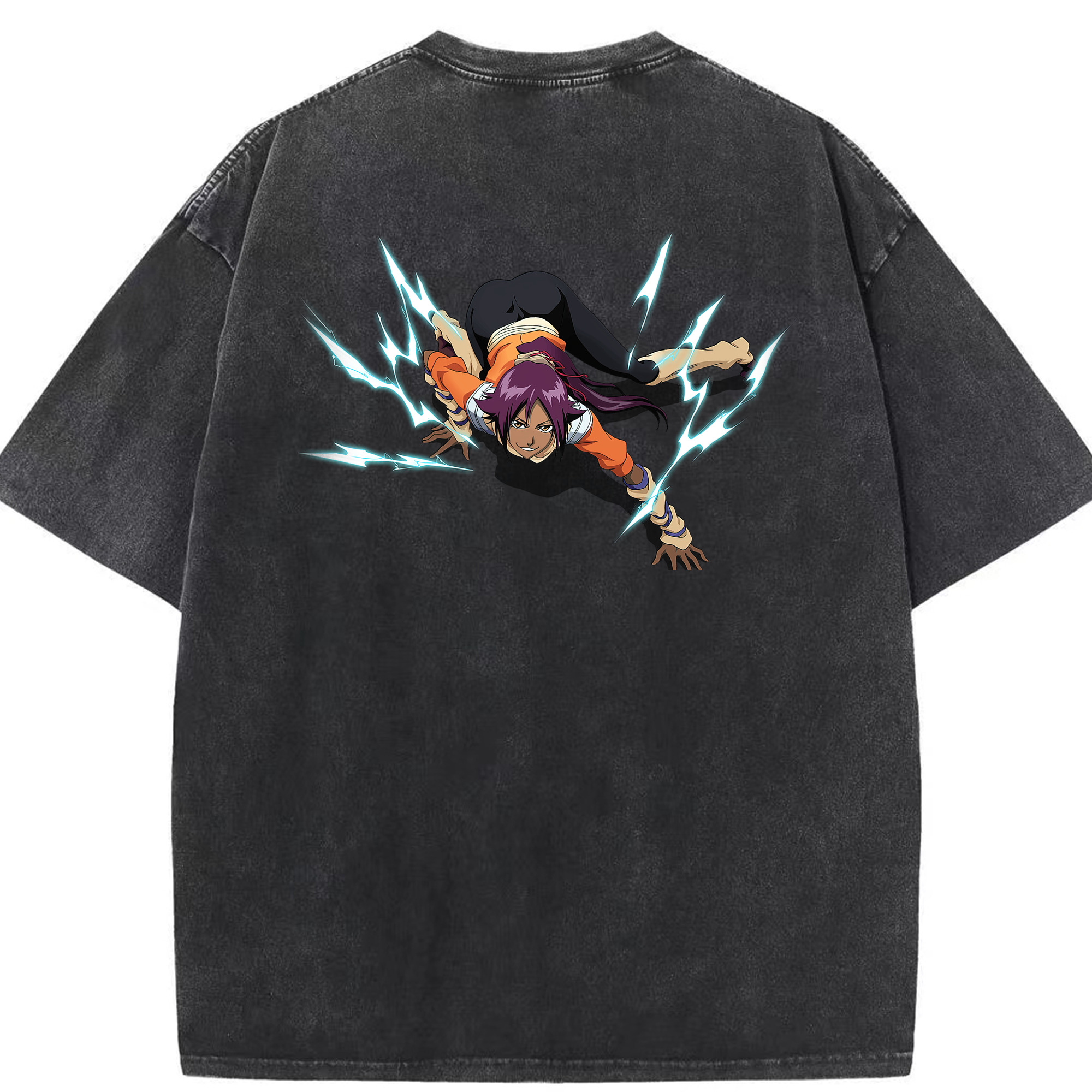 （画像用） ブリーチ 四楓院 夜一（しほういん よるいち） BLEACH Shihouin Yoruichi 綿100% ヴィンテージ風 半袖Tシャツ（背面プリント）