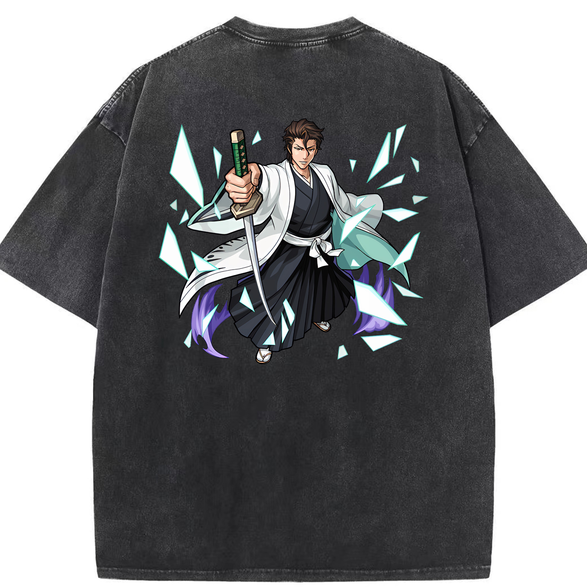 （画像用） ブリーチ 藍染 惣右介（あいぜん そうすけ） BLEACH Aizen Sousuke 綿100% ヴィンテージ風 半袖Tシャツ（背面プリント）