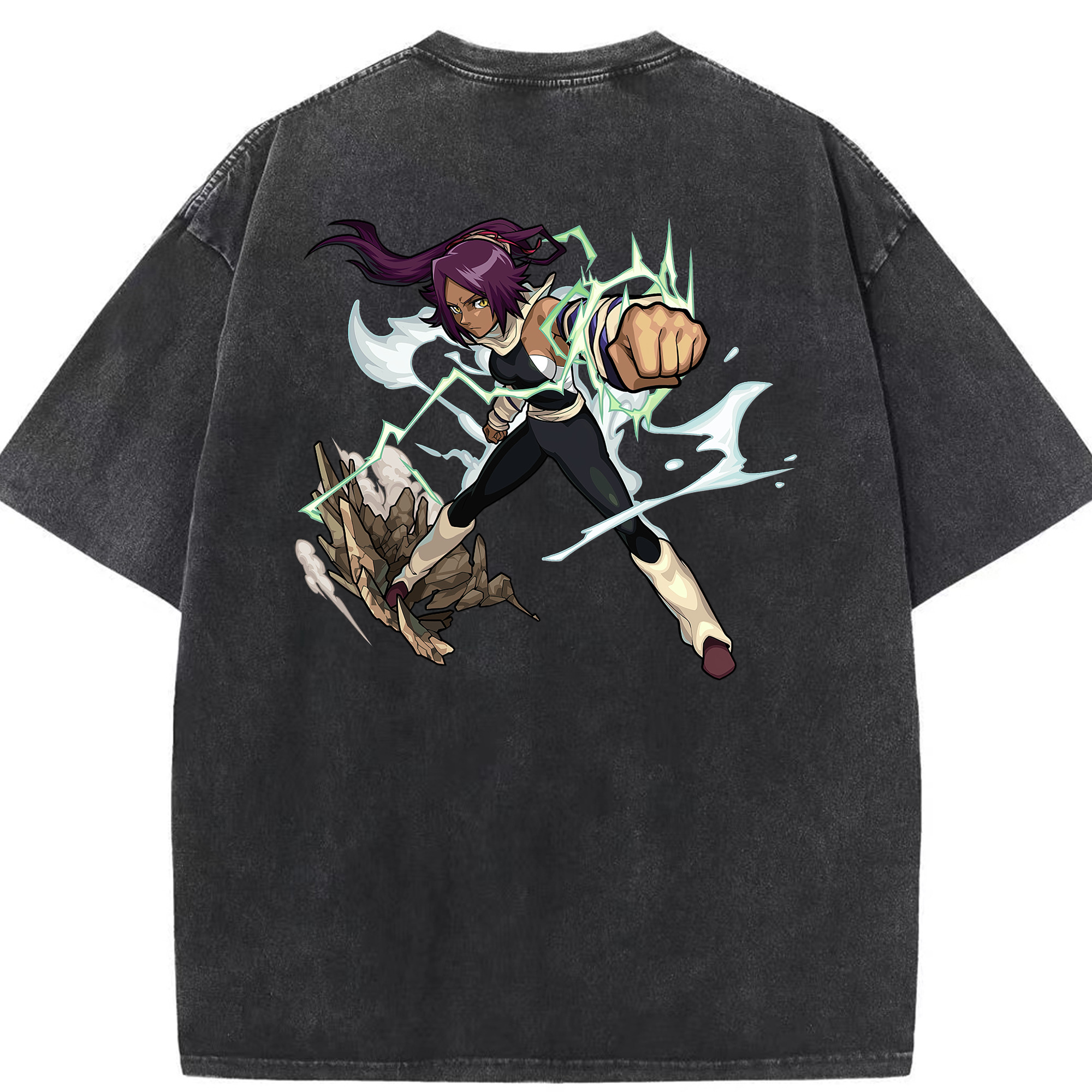 （画像用） ブリーチ 四楓院 夜一（しほういん よるいち） BLEACH Shihouin Yoruichi 綿100% ヴィンテージ風 半袖Tシャツ（背面プリント）