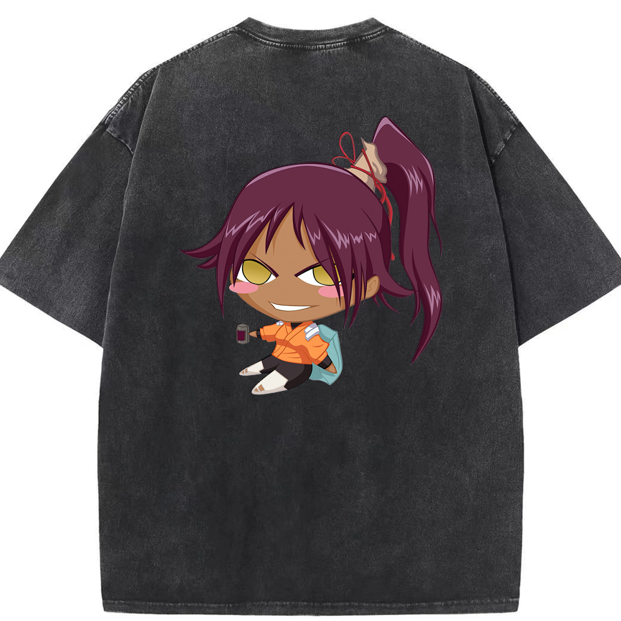 （画像用） ブリーチ 四楓院 夜一（しほういん よるいち） BLEACH Shihouin Yoruichi 綿100% ヴィンテージ風 半袖Tシャツ（背面プリント）