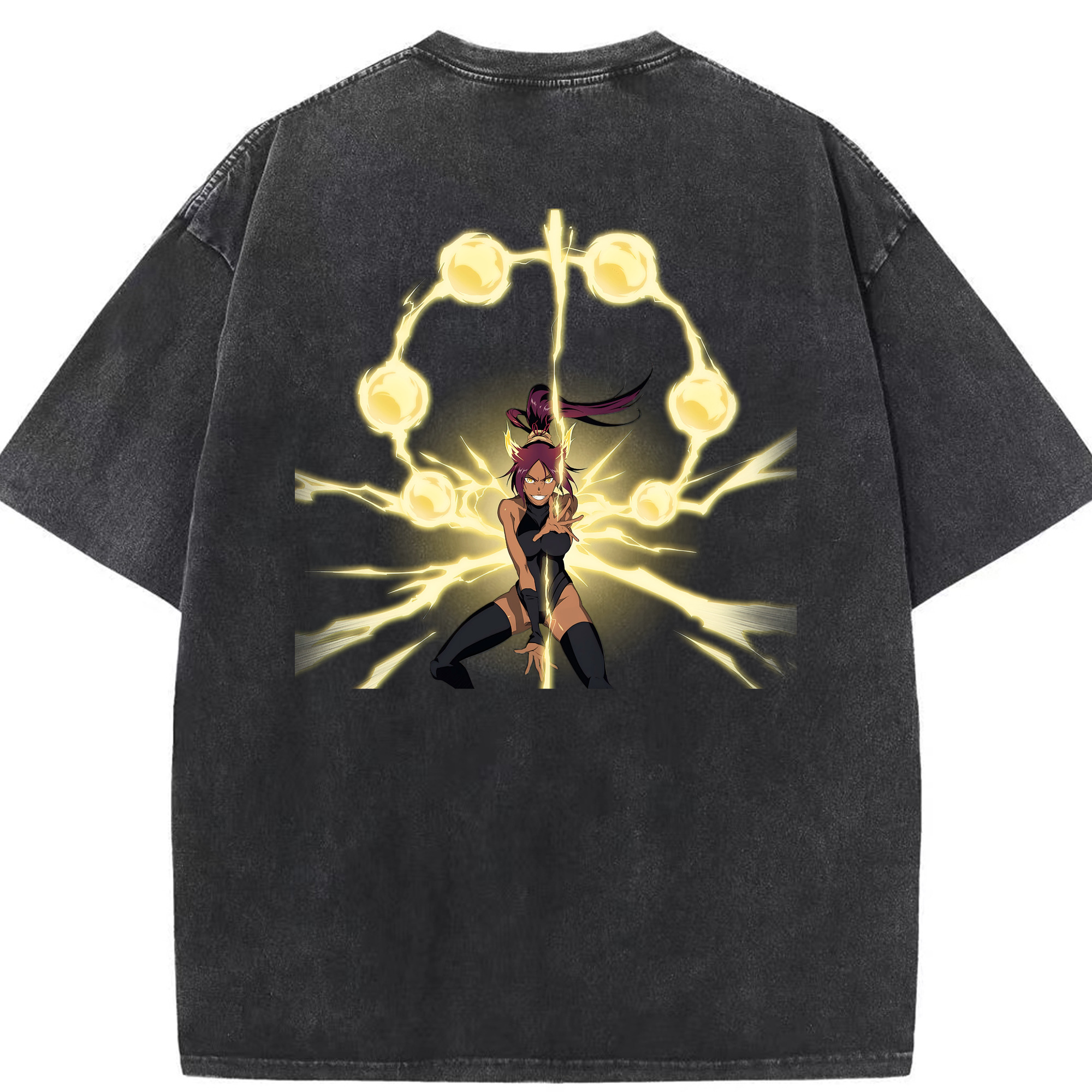 （画像用） ブリーチ 四楓院 夜一（しほういん よるいち） BLEACH Shihouin Yoruichi 綿100% ヴィンテージ風 半袖Tシャツ（背面プリント）