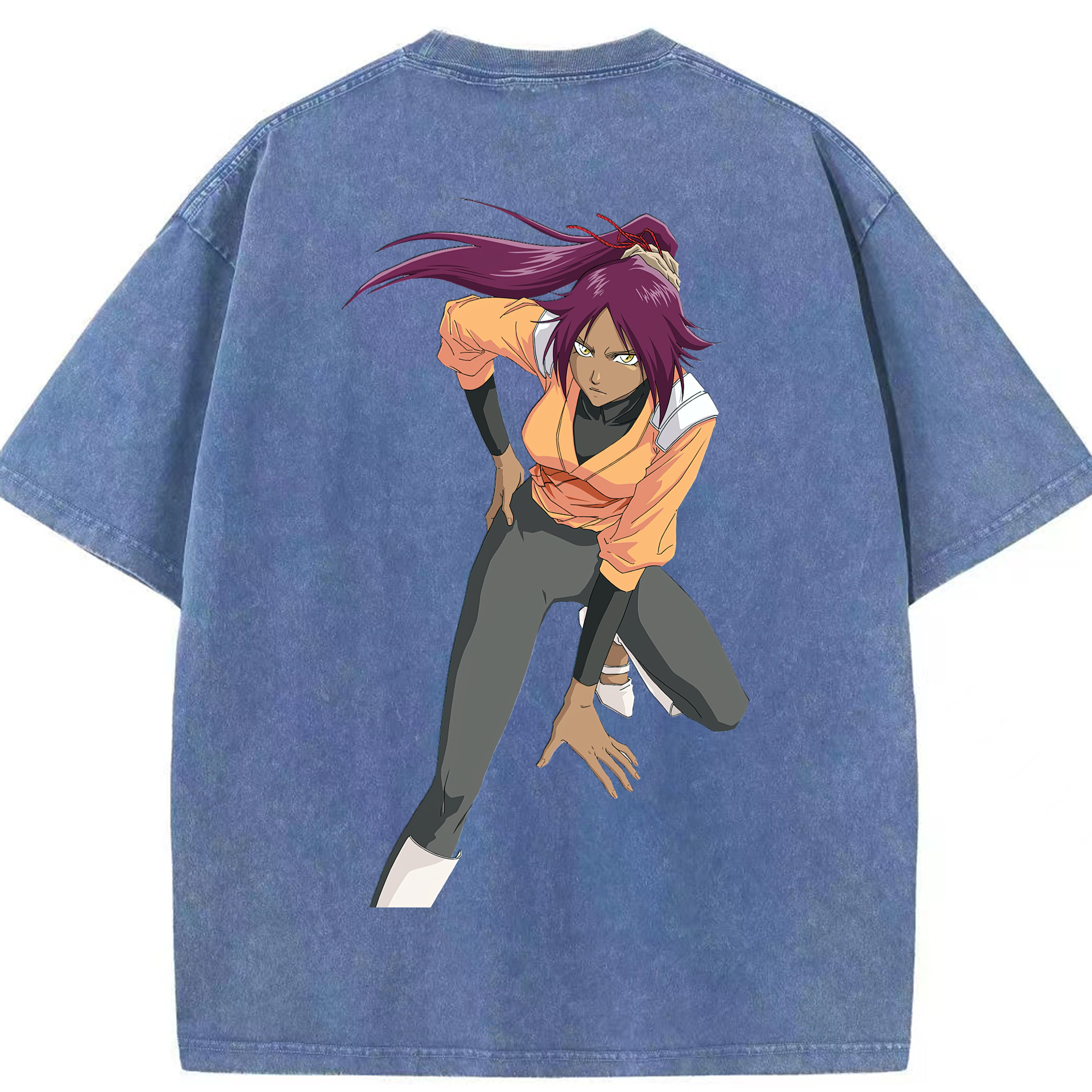 （画像用） ブリーチ 四楓院 夜一（しほういん よるいち） BLEACH Shihouin Yoruichi 綿100% ヴィンテージ風 半袖Tシャツ（背面プリント）