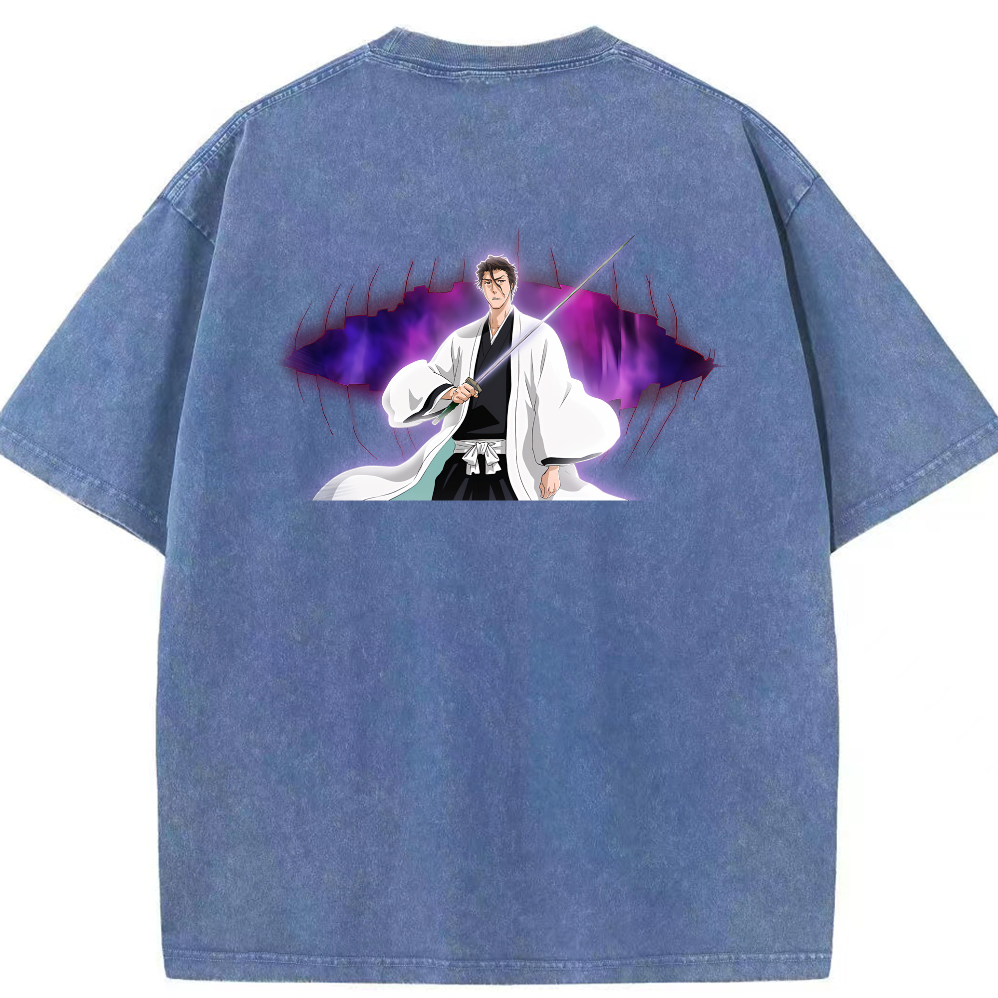 （画像用） ブリーチ 藍染 惣右介（あいぜん そうすけ） BLEACH Aizen Sousuke 綿100% ヴィンテージ風 半袖Tシャツ（背面プリント）