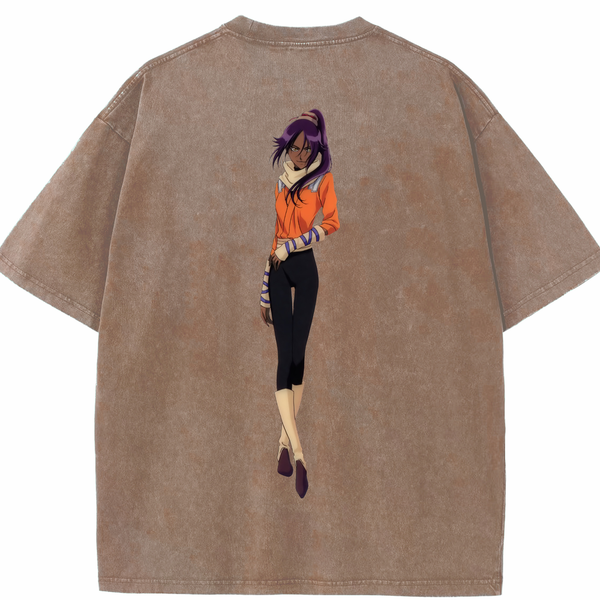 （画像用） ブリーチ 四楓院 夜一（しほういん よるいち） BLEACH Shihouin Yoruichi 綿100% ヴィンテージ風 半袖Tシャツ（背面プリント）