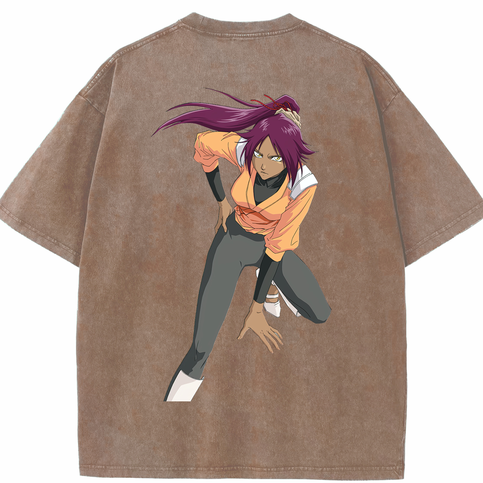 （画像用） ブリーチ 四楓院 夜一（しほういん よるいち） BLEACH Shihouin Yoruichi 綿100% ヴィンテージ風 半袖Tシャツ（背面プリント）