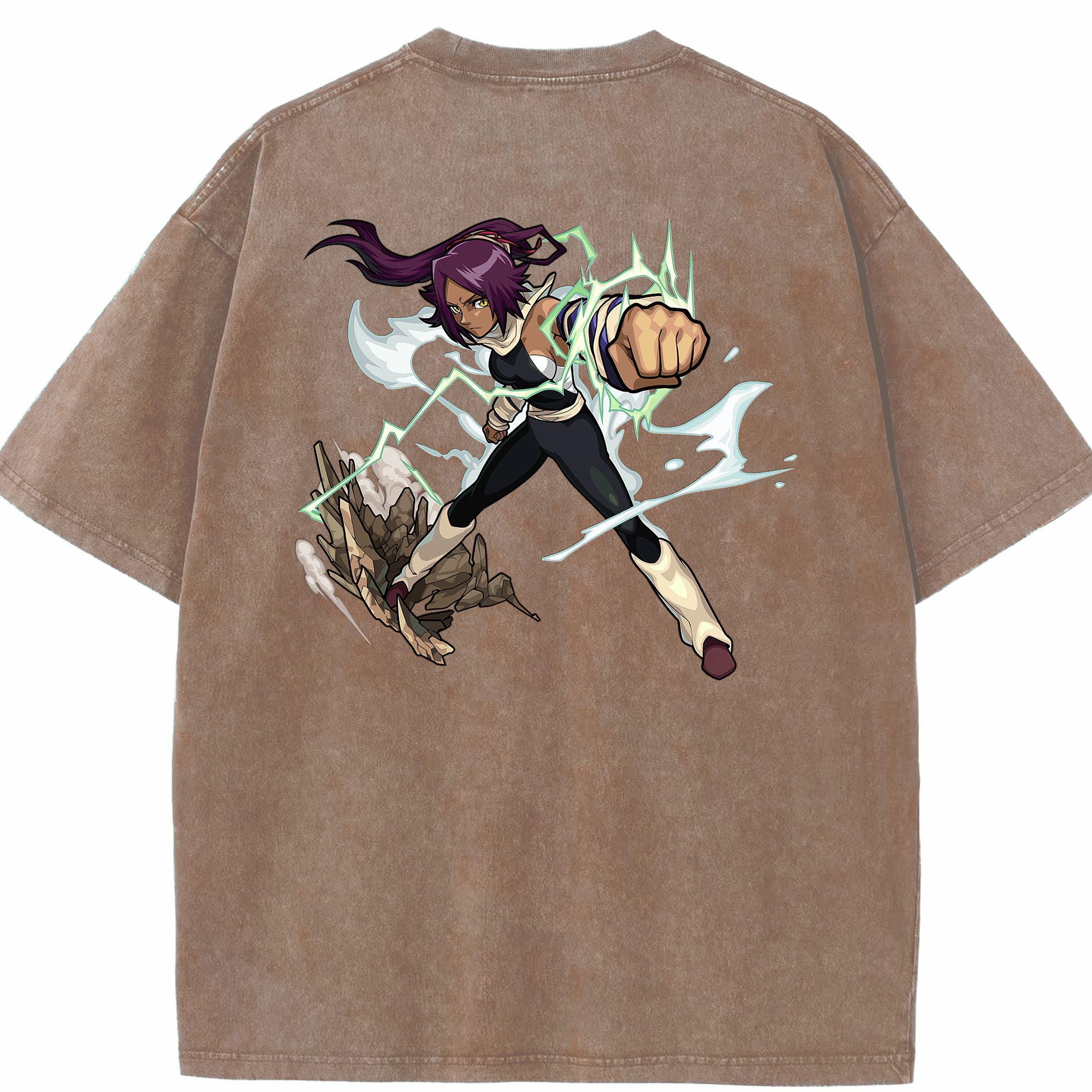 （画像用） ブリーチ 四楓院 夜一（しほういん よるいち） BLEACH Shihouin Yoruichi 綿100% ヴィンテージ風 半袖Tシャツ（背面プリント）