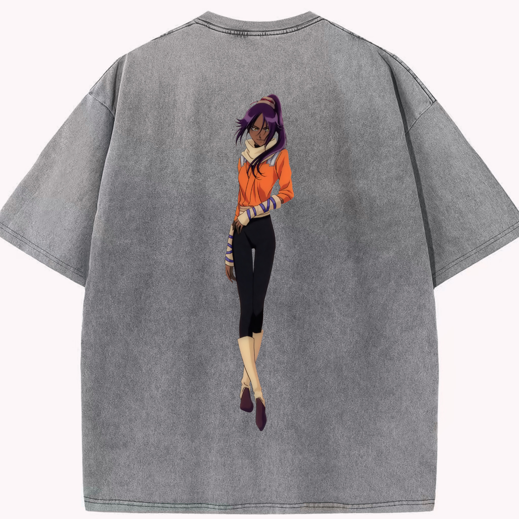 （画像用） ブリーチ 四楓院 夜一（しほういん よるいち） BLEACH Shihouin Yoruichi 綿100% ヴィンテージ風 半袖Tシャツ（背面プリント）