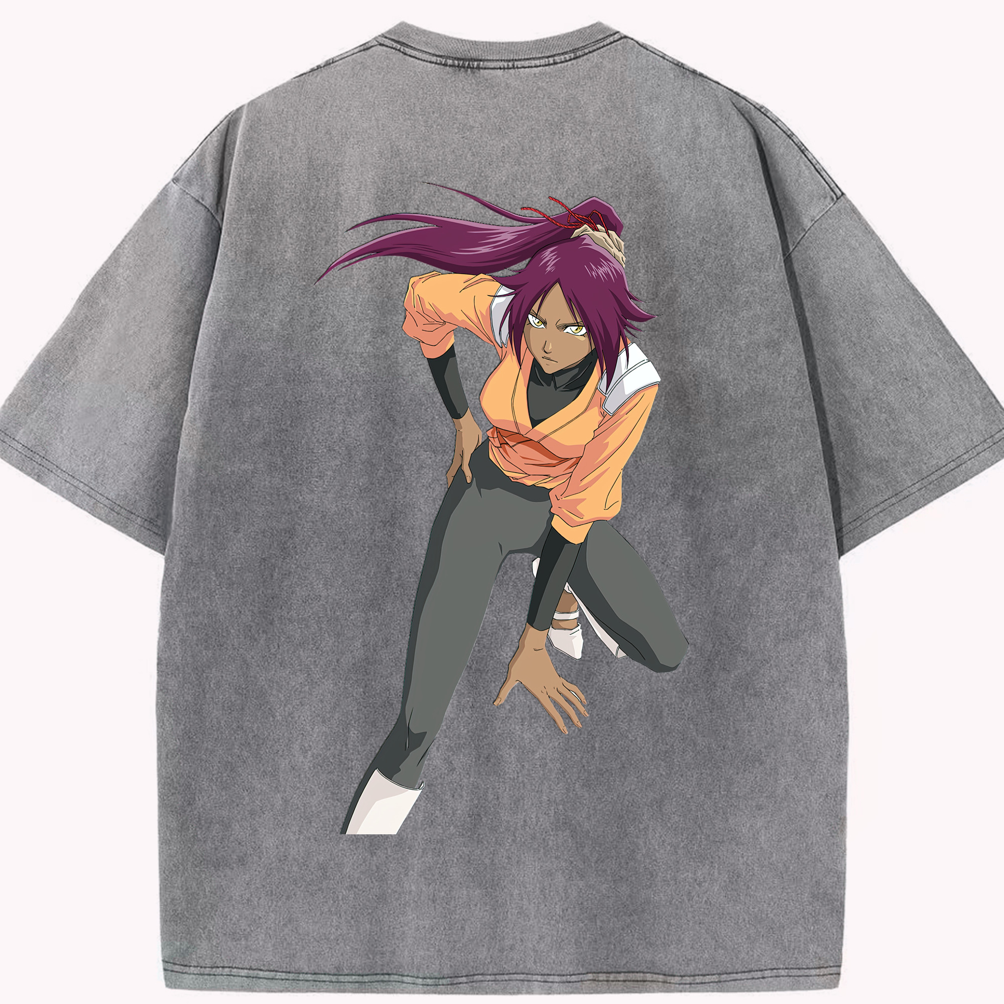 （画像用） ブリーチ 四楓院 夜一（しほういん よるいち） BLEACH Shihouin Yoruichi 綿100% ヴィンテージ風 半袖Tシャツ（背面プリント）
