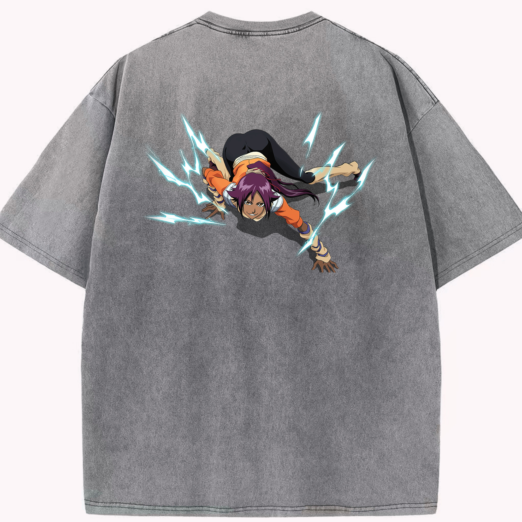 （画像用） ブリーチ 四楓院 夜一（しほういん よるいち） BLEACH Shihouin Yoruichi 綿100% ヴィンテージ風 半袖Tシャツ（背面プリント）
