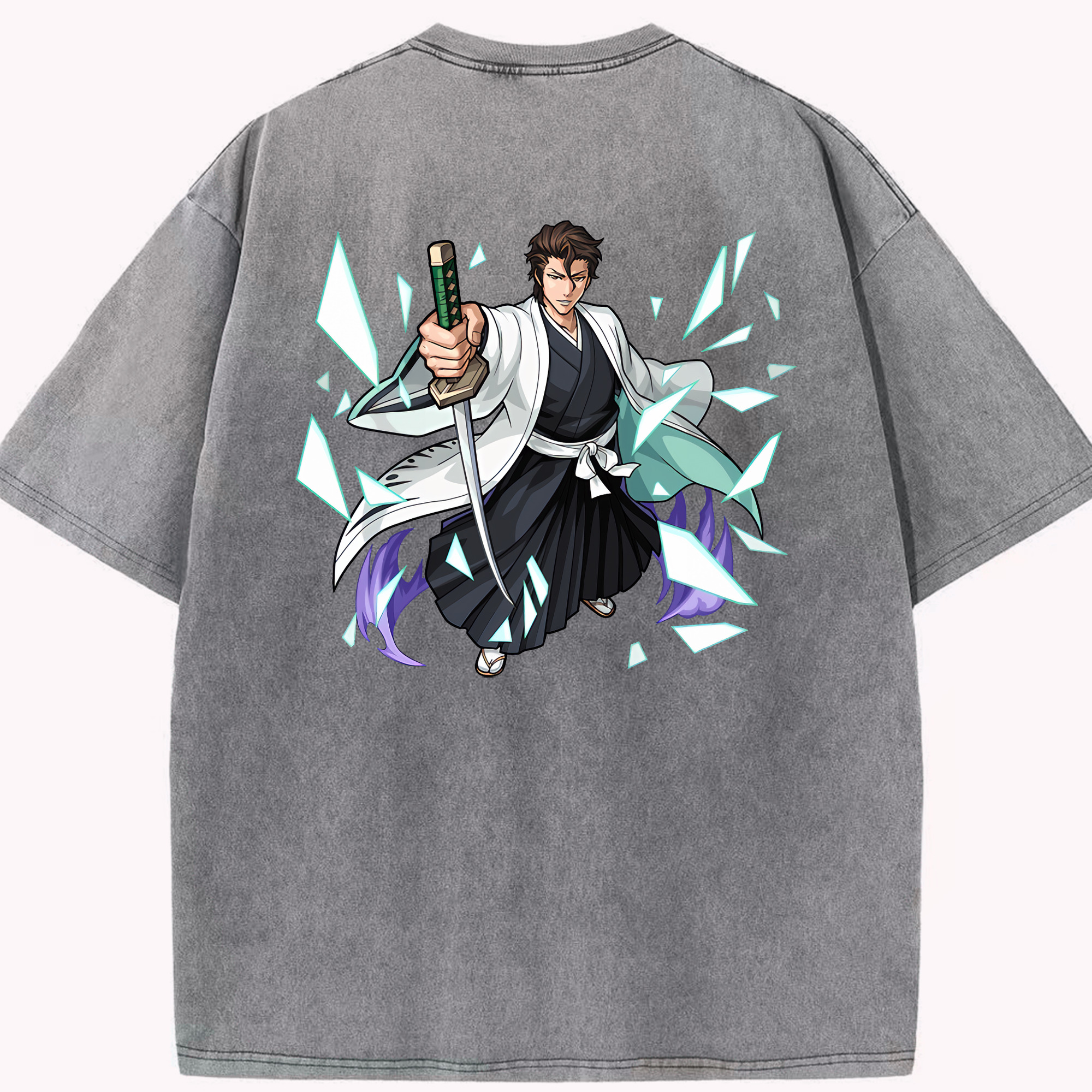 （画像用） ブリーチ 藍染 惣右介（あいぜん そうすけ） BLEACH Aizen Sousuke 綿100% ヴィンテージ風 半袖Tシャツ（背面プリント）