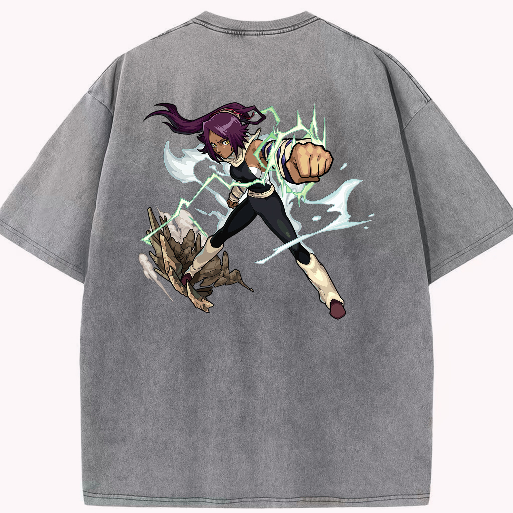 （画像用） ブリーチ 四楓院 夜一（しほういん よるいち） BLEACH Shihouin Yoruichi 綿100% ヴィンテージ風 半袖Tシャツ（背面プリント）