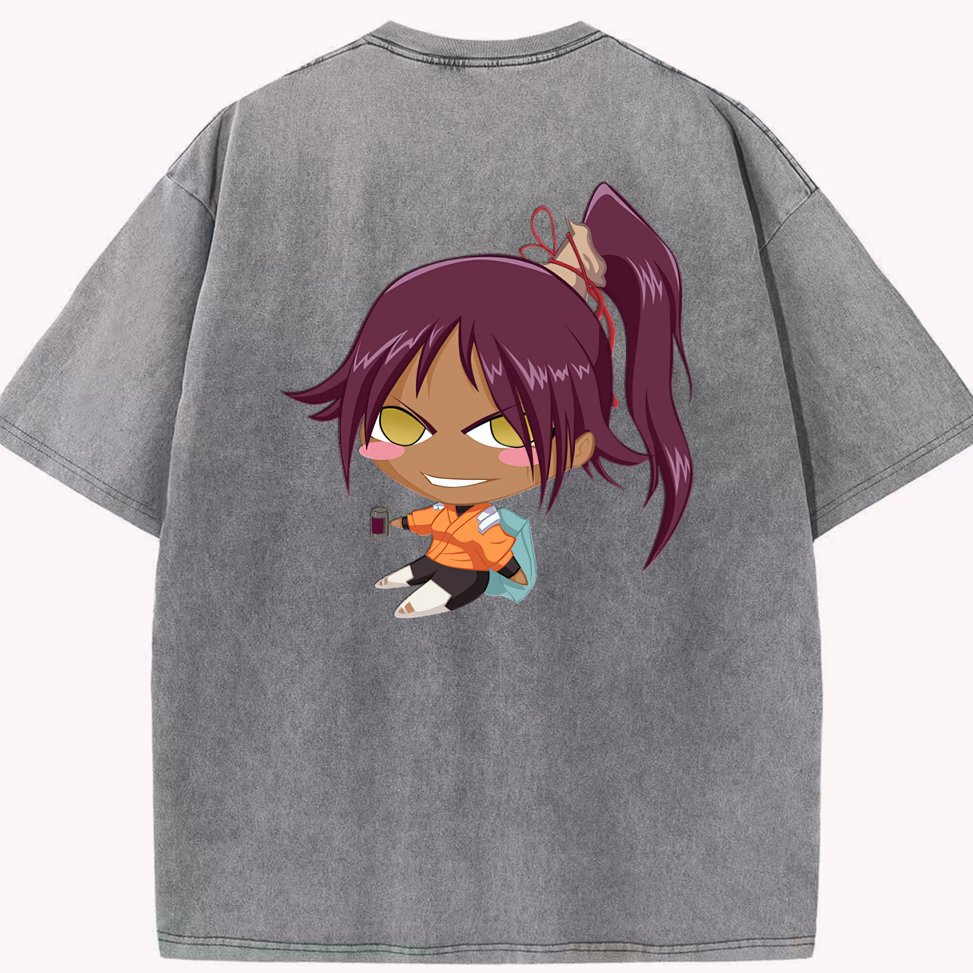 （画像用） ブリーチ 四楓院 夜一（しほういん よるいち） BLEACH Shihouin Yoruichi 綿100% ヴィンテージ風 半袖Tシャツ（背面プリント）