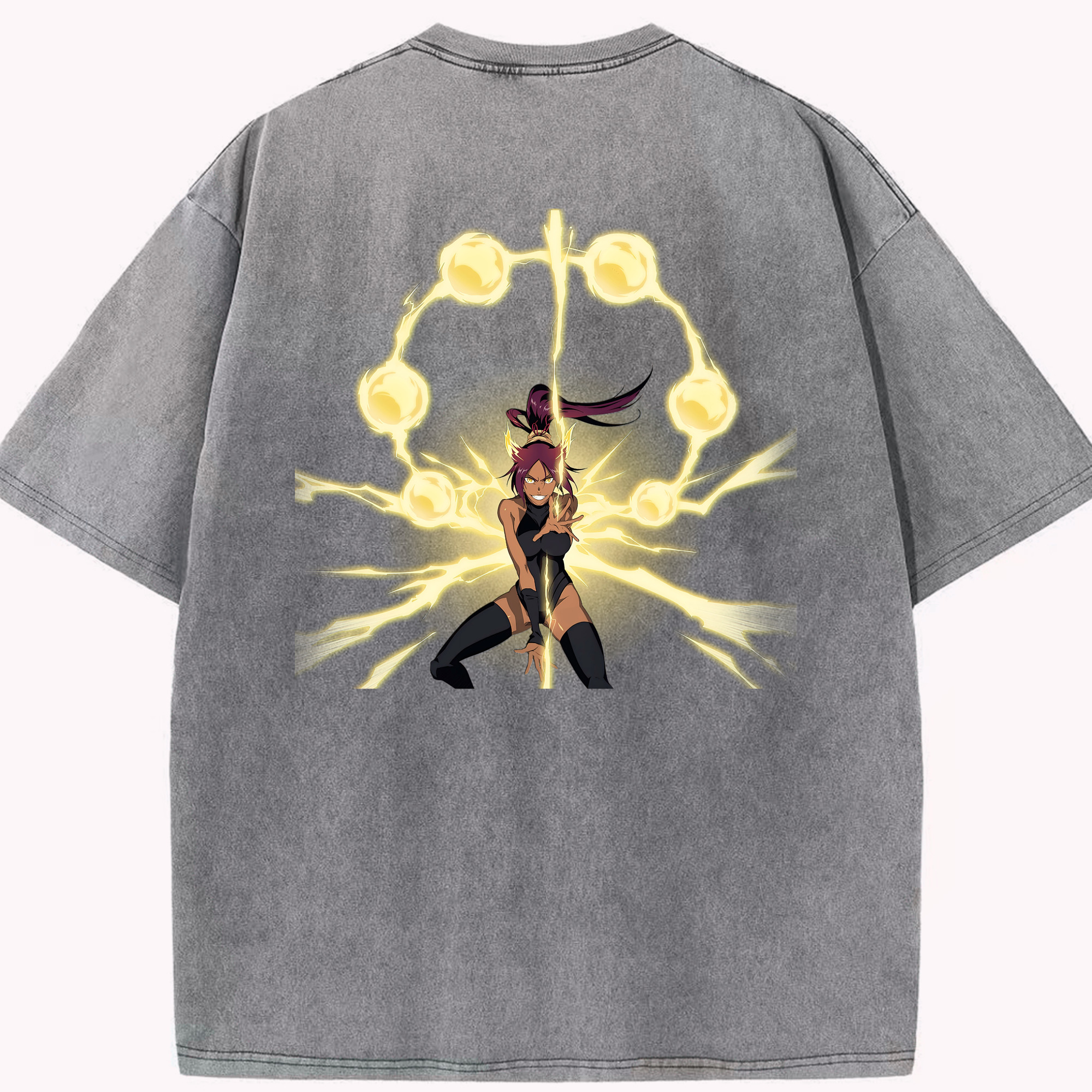 （画像用） ブリーチ 四楓院 夜一（しほういん よるいち） BLEACH Shihouin Yoruichi 綿100% ヴィンテージ風 半袖Tシャツ（背面プリント）