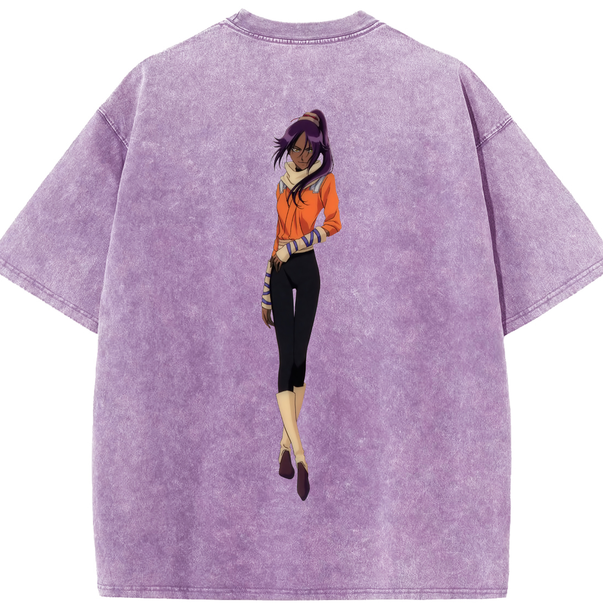 （画像用） ブリーチ 四楓院 夜一（しほういん よるいち） BLEACH Shihouin Yoruichi 綿100% ヴィンテージ風 半袖Tシャツ（背面プリント）