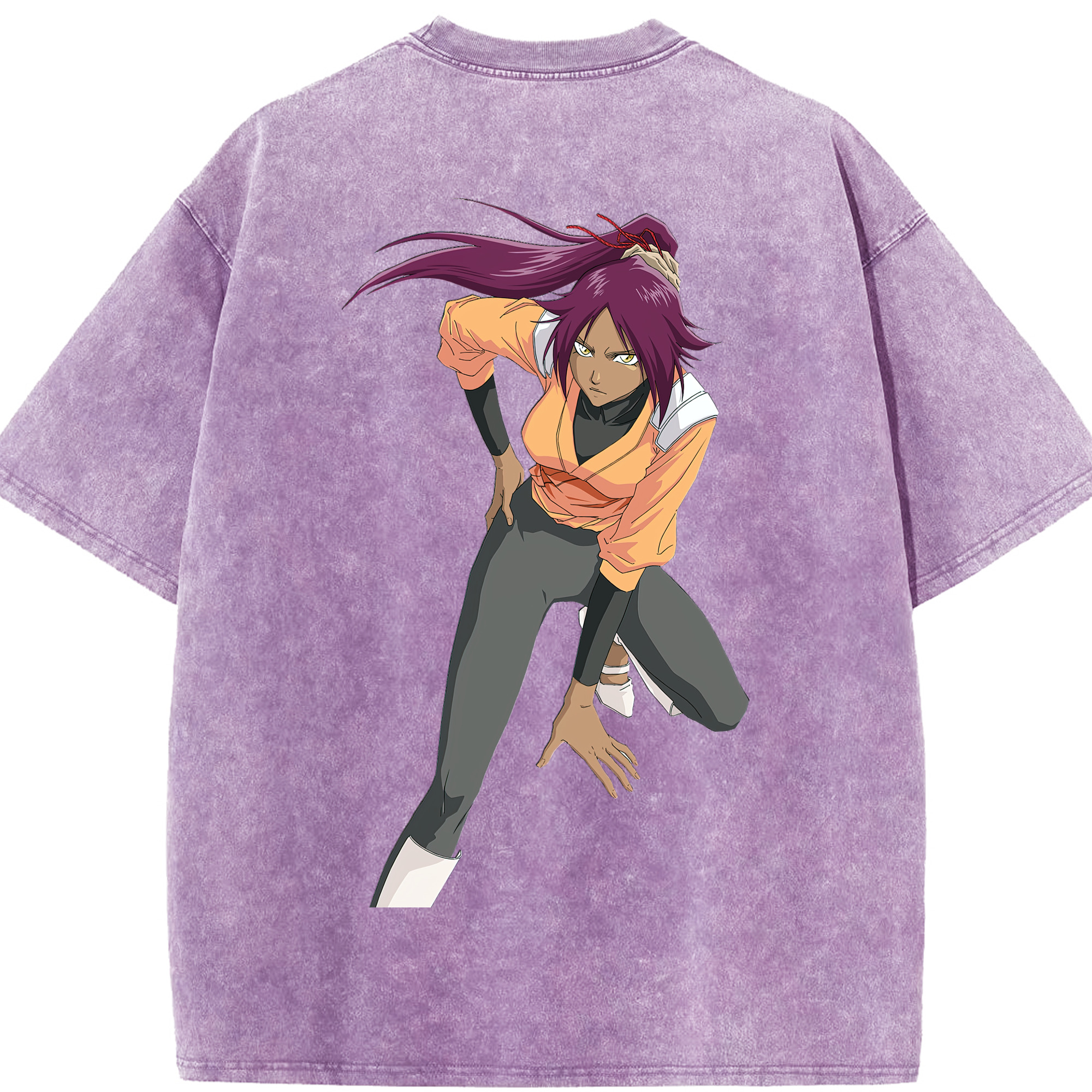（画像用） ブリーチ 四楓院 夜一（しほういん よるいち） BLEACH Shihouin Yoruichi 綿100% ヴィンテージ風 半袖Tシャツ（背面プリント）