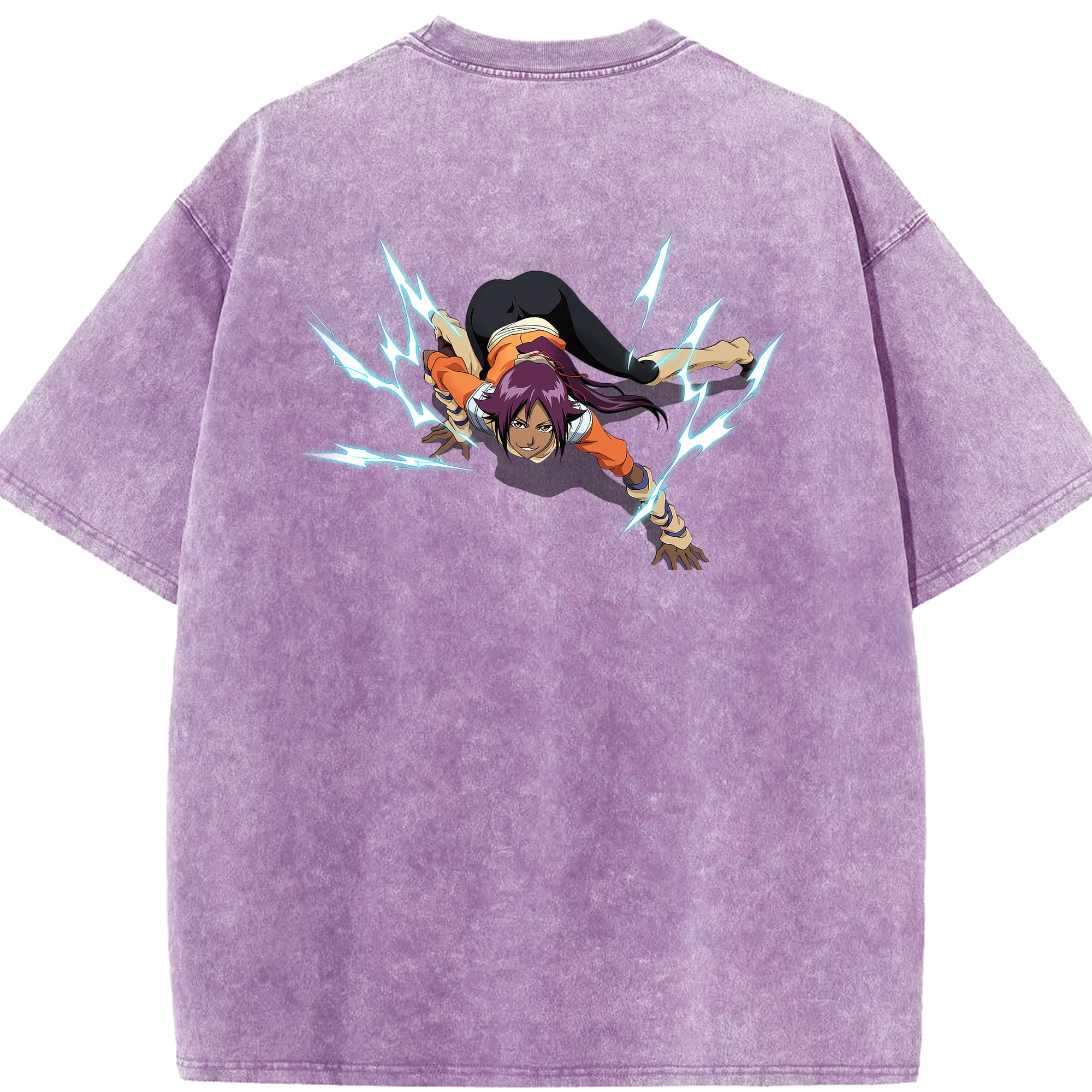 （画像用） ブリーチ 四楓院 夜一（しほういん よるいち） BLEACH Shihouin Yoruichi 綿100% ヴィンテージ風 半袖Tシャツ（背面プリント）