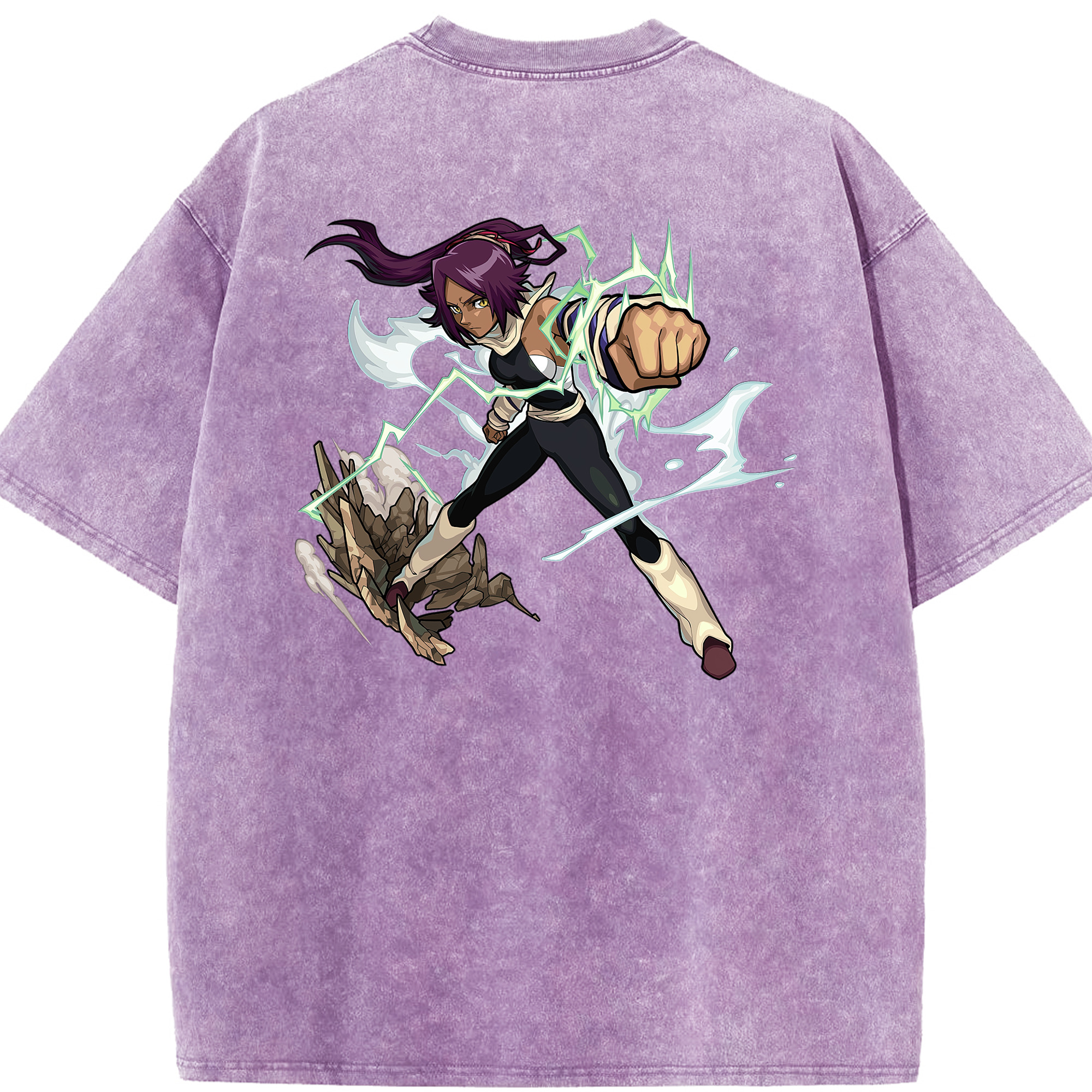 （画像用） ブリーチ 四楓院 夜一（しほういん よるいち） BLEACH Shihouin Yoruichi 綿100% ヴィンテージ風 半袖Tシャツ（背面プリント）
