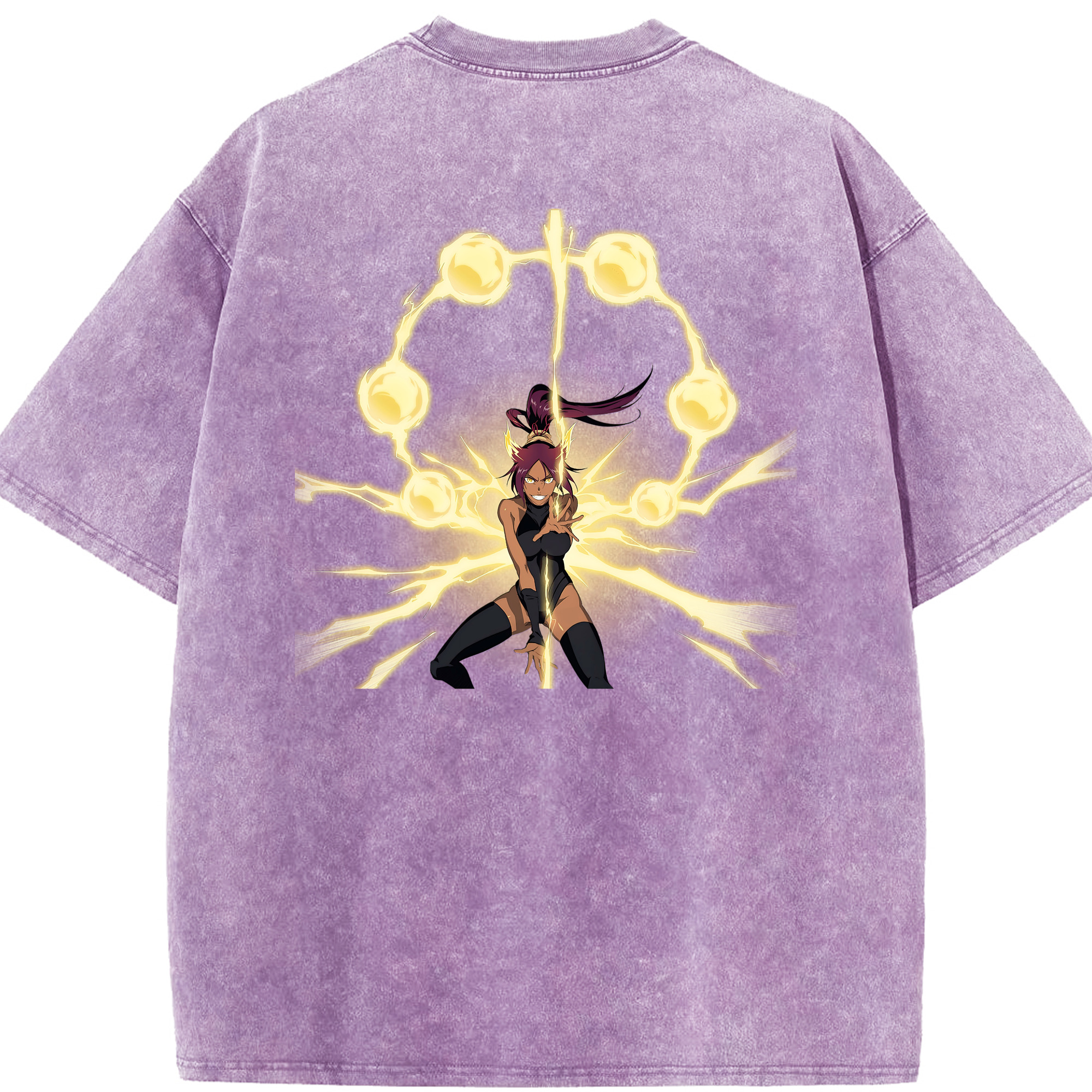 （画像用） ブリーチ 四楓院 夜一（しほういん よるいち） BLEACH Shihouin Yoruichi 綿100% ヴィンテージ風 半袖Tシャツ（背面プリント）